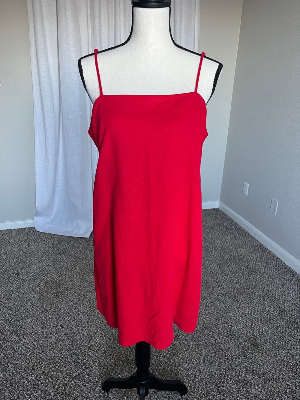 Red Linen Rayon Blend Spaghetti Strap Mini Shift Dress Size M